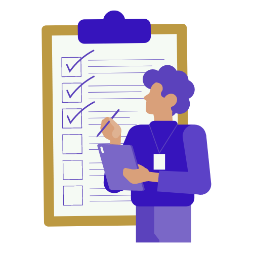 A cartoon image of a person with a clipboard, standing in front of a larger clipboard which contains a partially complete checklist.