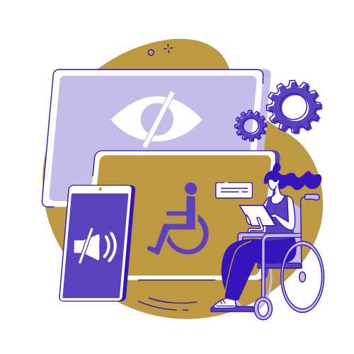A cartoon image of a person in a wheelchair using a computer in front of graphical representations of accessibility online, including gears, an eye with a line through it, a sound icon with a line through it, an icon of a person in a wheelchair.