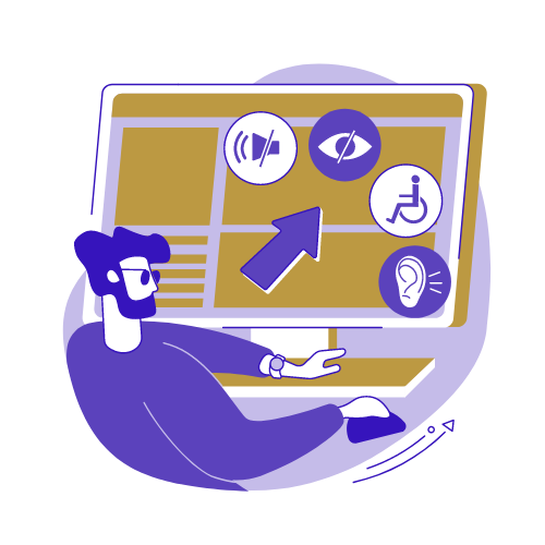 A cartoon person uses a computer showing graphical representations of accessibility online, including an ear, an eye, a volume icon, and a person in a wheelchair.