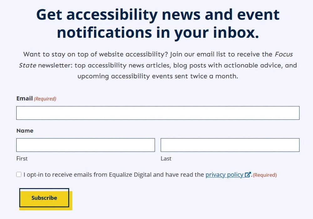 Equalize Digital Subscribe form with required fields marked in red