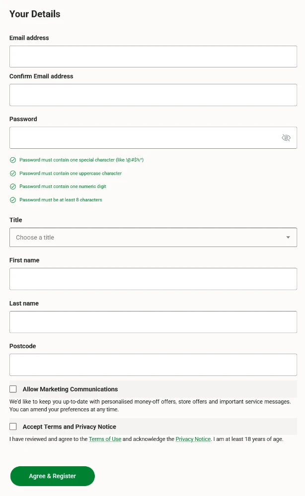 Morrisons More Card Registration where all all fields are required except for one