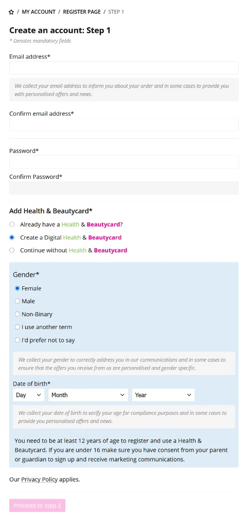 Short Superdrug registration form step 1