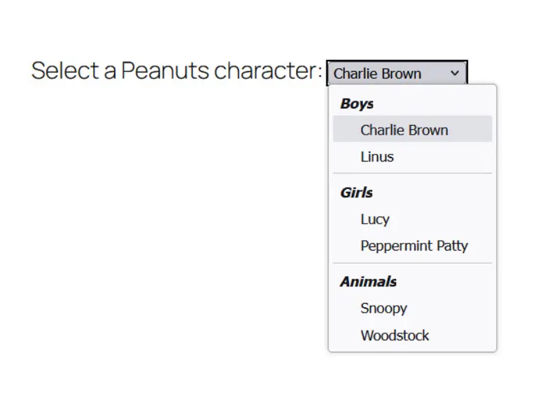A field titled Select a Peanuts character shows a dropdown of names, sorted by type where the type is bold and italic, and the active option is highlighted in gray