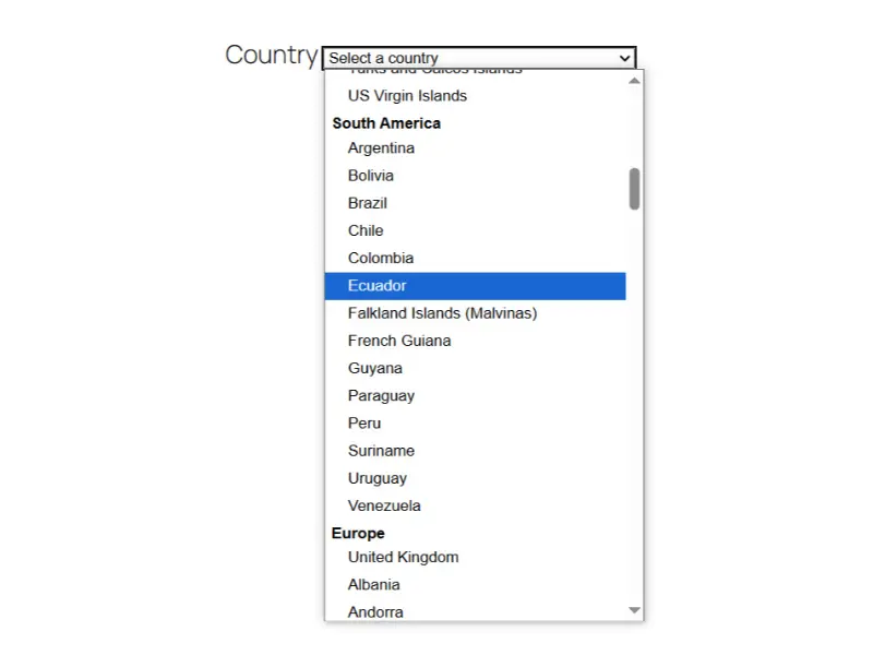 A field called Country shows a dropdown of countries grouped by continent