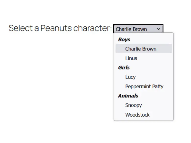 A field titled Select a Peanuts character shows a dropdown of names