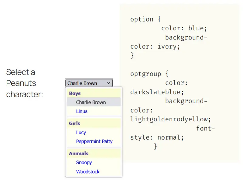 A field shows a dropdown of names, beside it shows the CSS to change the colors