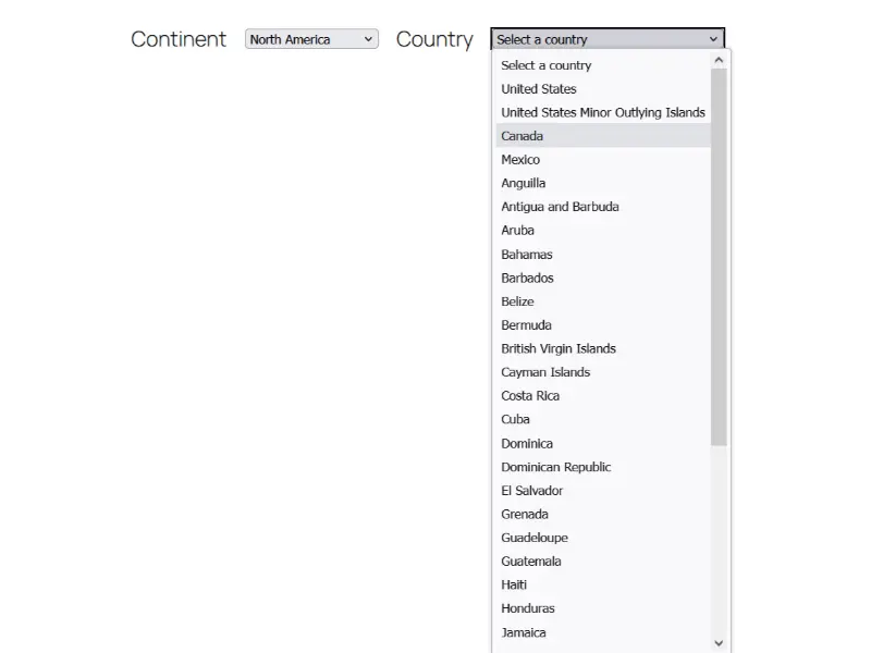 A Continent field has North America Selected, and a Country field shows a dropdown of all the country options.